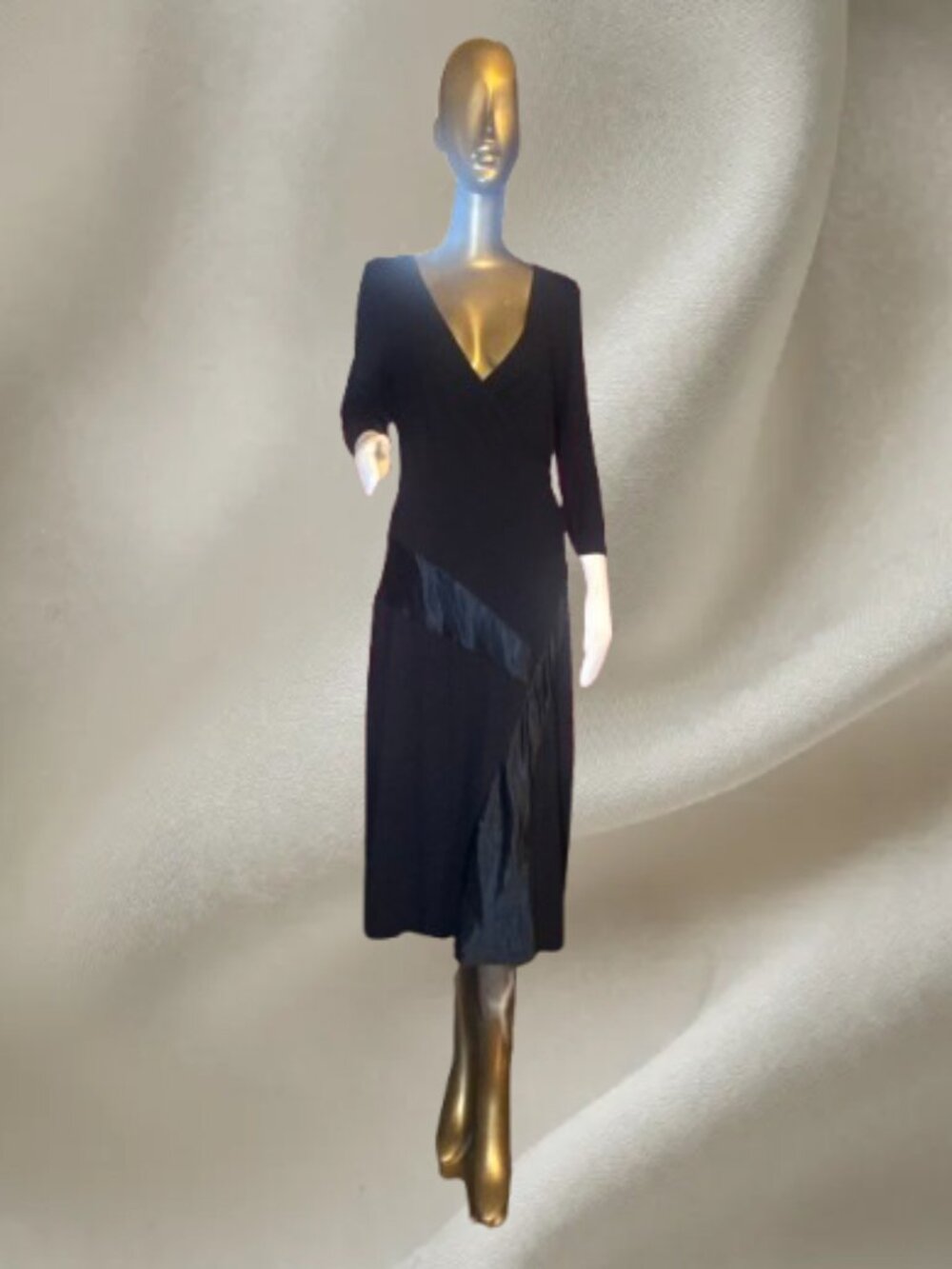 Kenneth Cole Reaction Black Sheath Midi Dress M Asymmetrical Satin Trim Career